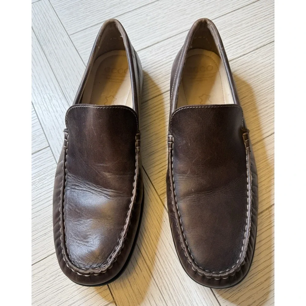 ECCO Men's Brown Leather Slip-on Loafers Driving Shoes Sz 47 EU Comfort Casual